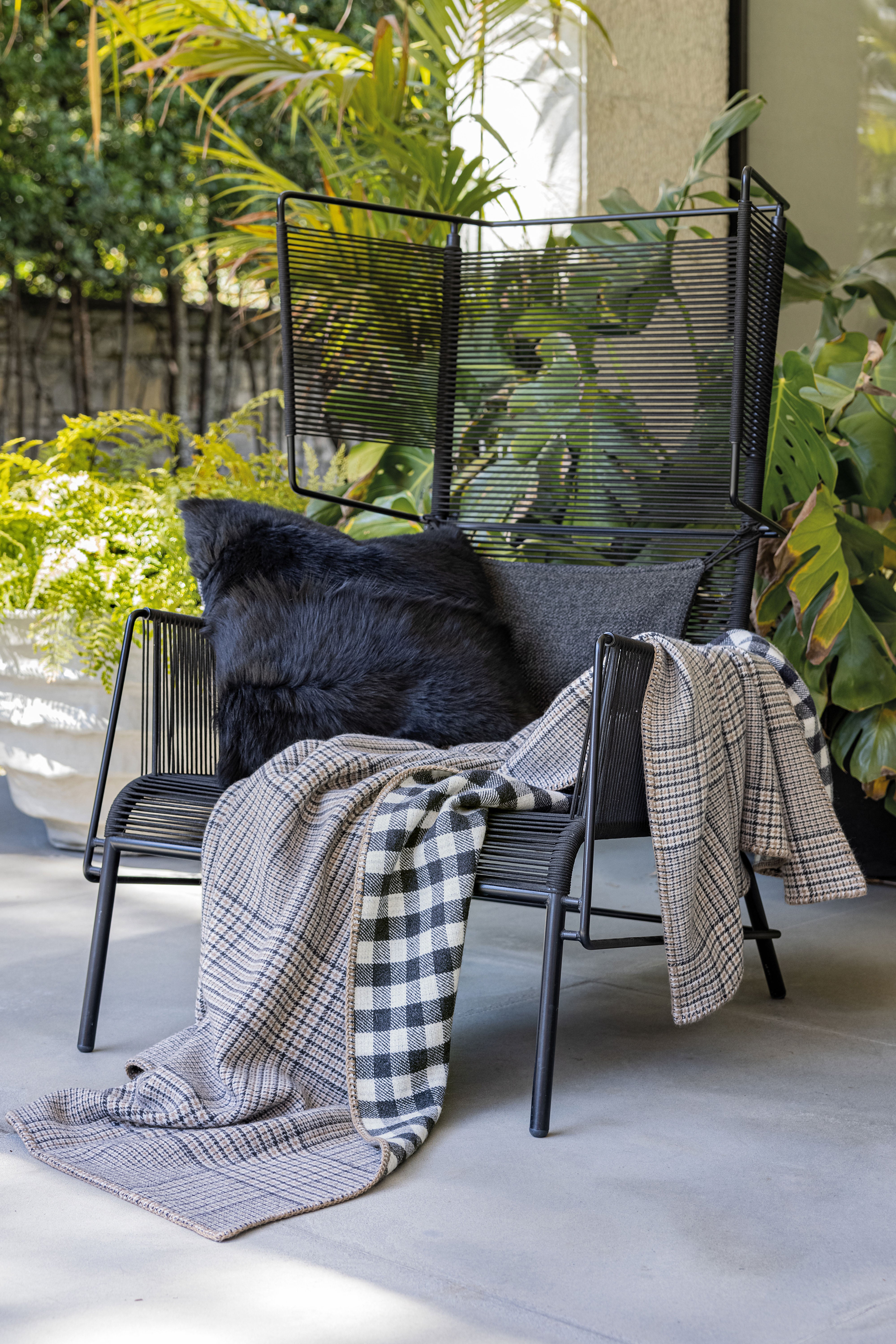 Babette: cashmere double sided check throw - Ecru / Steel / Caramel